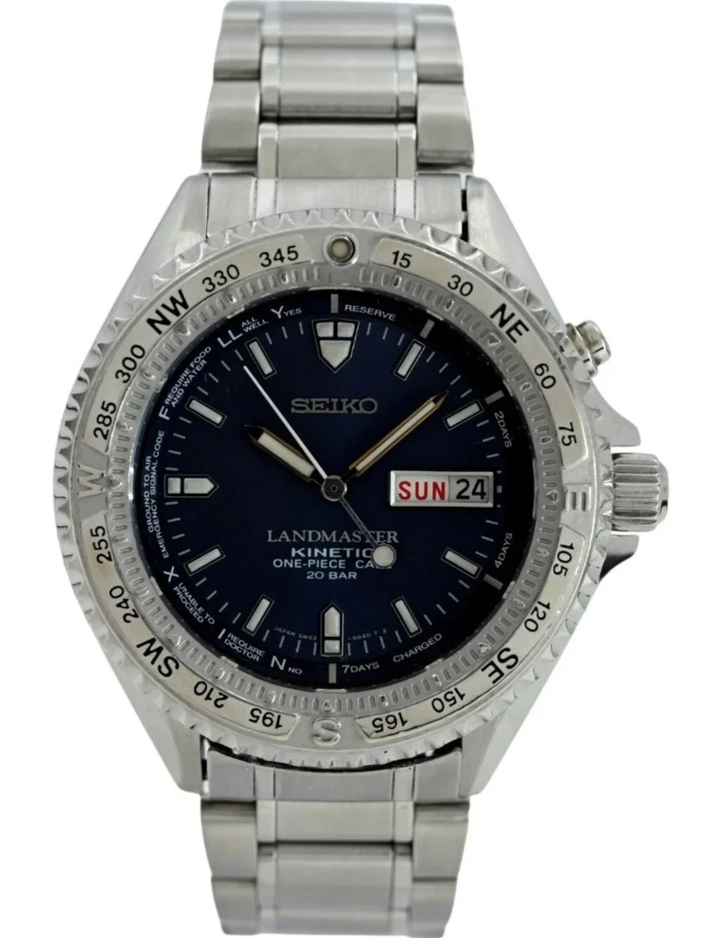 Seiko 41mm Men's Kinetic Landmaster One Piece Case SBCW019 Blue Watch 5M43-0E80!